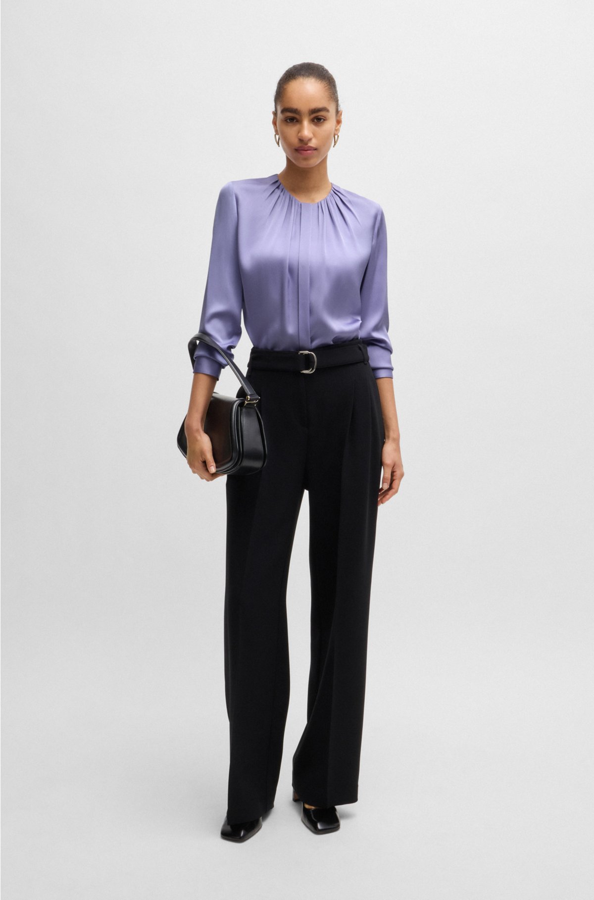 Ruched-neck blouse in stretch-silk crepe de Chine, Purple