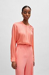 Ruched-neck blouse in stretch-silk crepe de Chine, Coral