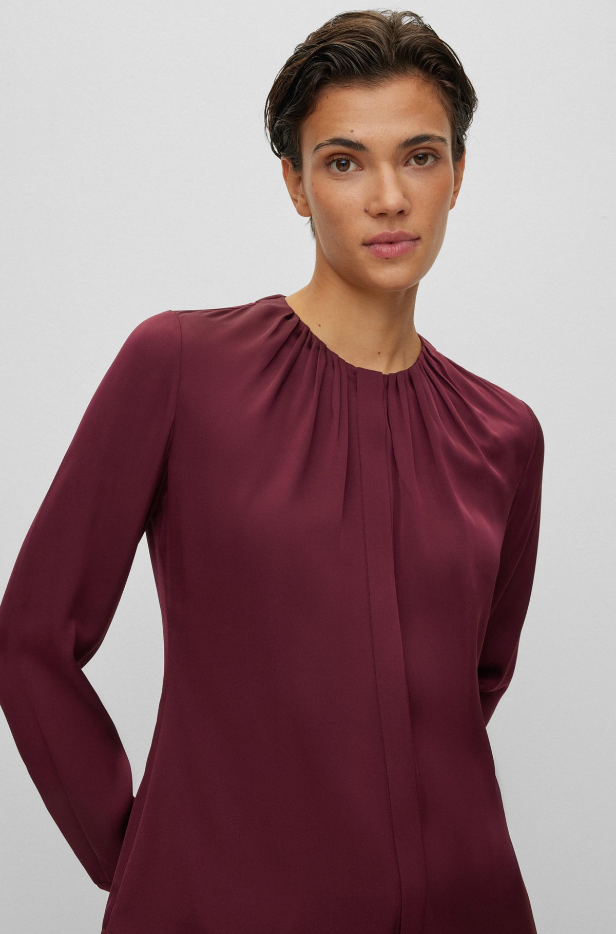 Ruched-neck blouse in stretch-silk crepe de Chine, Dark Red