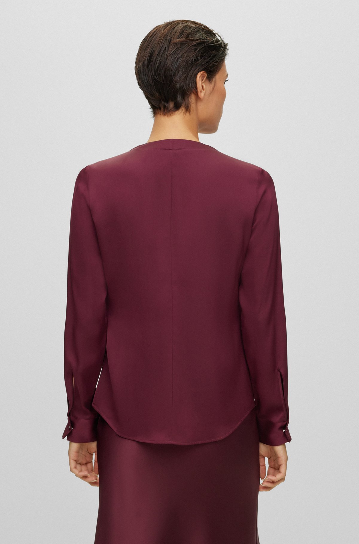 Ruched-neck blouse in stretch-silk crepe de Chine, Dark Red