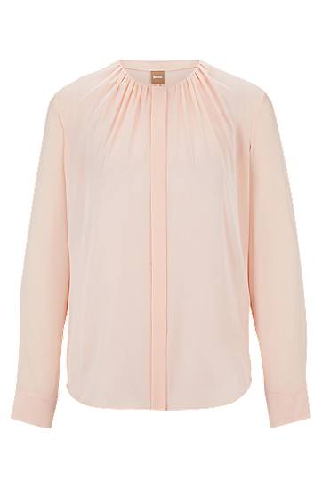 Hugo Boss Ruched-neck Blouse In Stretch-silk Crepe De Chine In Pink