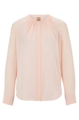 Hugo Boss Ruched-neck Blouse In Stretch-silk Crepe De Chine In Pink
