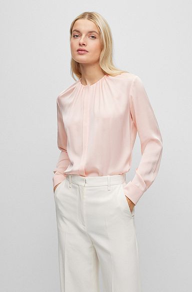 Ruched-neck blouse in stretch-silk crepe de Chine, light pink