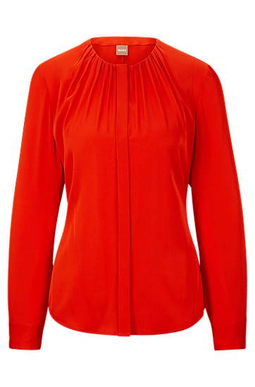 Hugo Boss Ruched-neck Blouse In Stretch-silk Crepe De Chine In Red