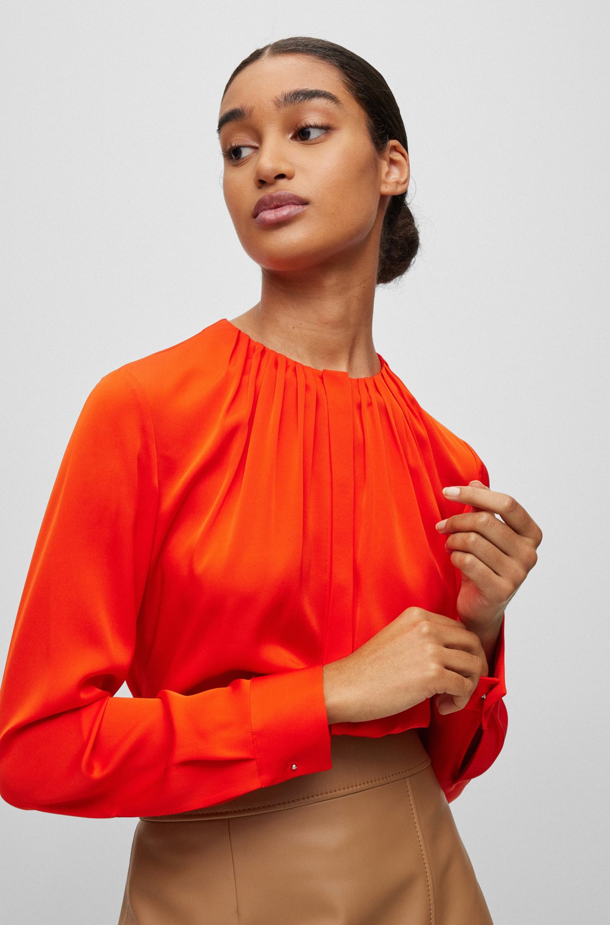 Ruched-neck blouse in stretch-silk crepe de Chine, Red