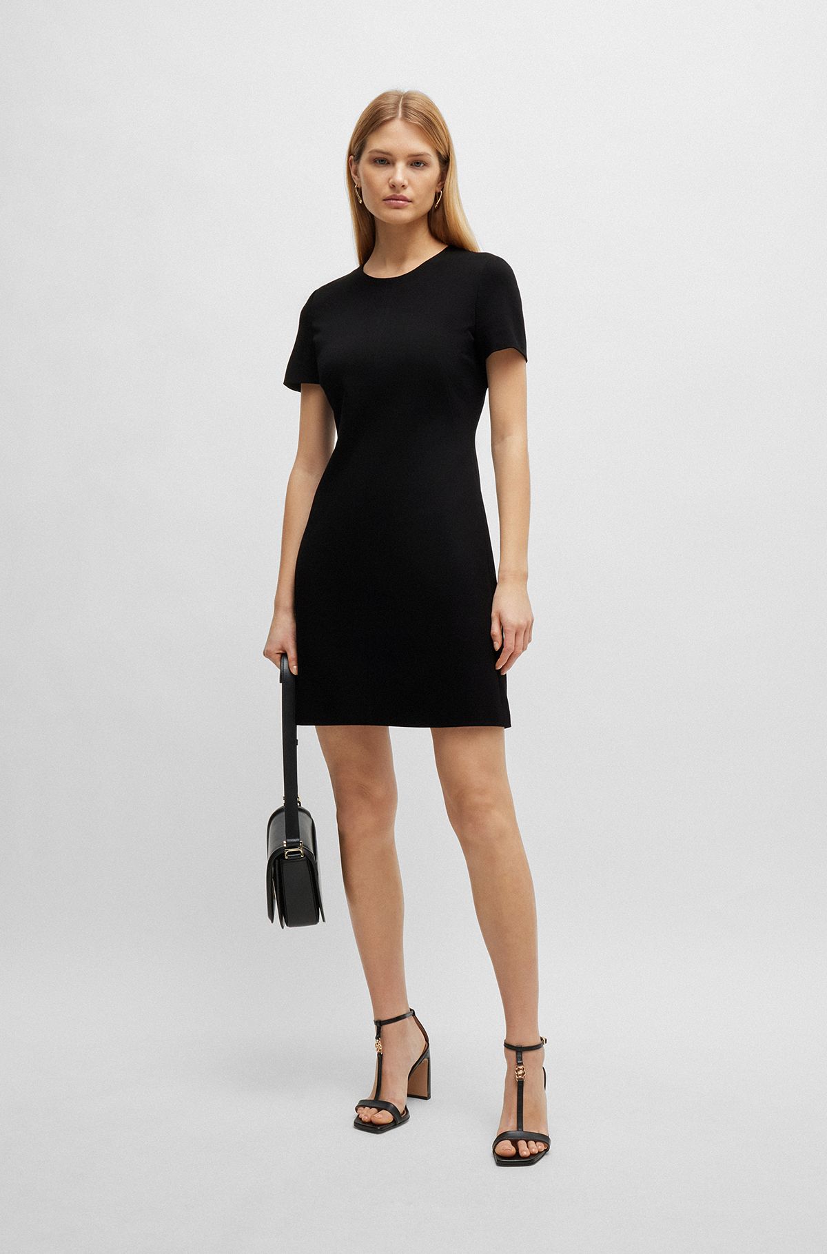 Slim-fit short-sleeved dress in stretch material, Black