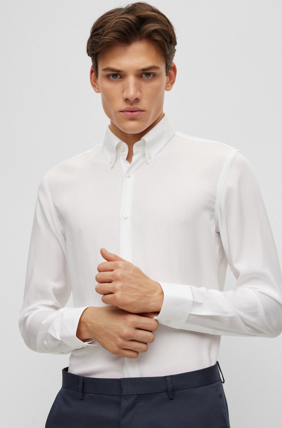 HUGO - Slim-fit button-down shirt in canvas