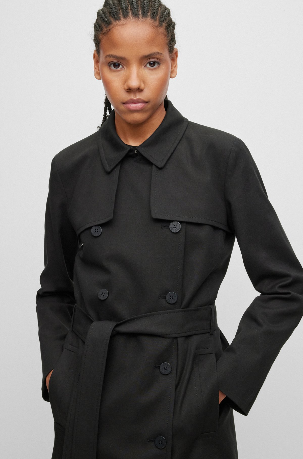 Stretch-cotton trench coat with double-breasted closure, Black