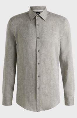 Slim-fit shirt in Italian-made linen, Dark Green
