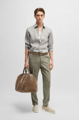 Slim-fit shirt in Italian-made linen, Dark Green