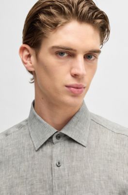 Slim-fit shirt in Italian-made linen, Dark Green