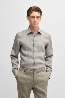 Slim-fit shirt in Italian-made linen, Dark Green