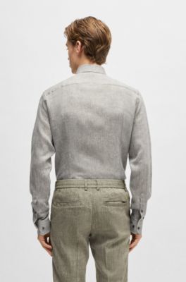 Slim-fit shirt in Italian-made linen, Dark Green