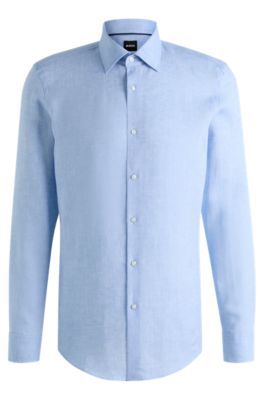 Slim-fit shirt in Italian-made linen, Light Blue
