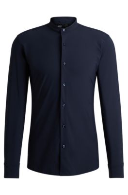Slim-fit shirt in performance-stretch jersey, Dark Blue