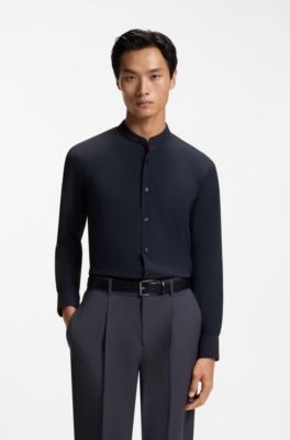 Slim-fit shirt in performance-stretch jersey, Dark Blue