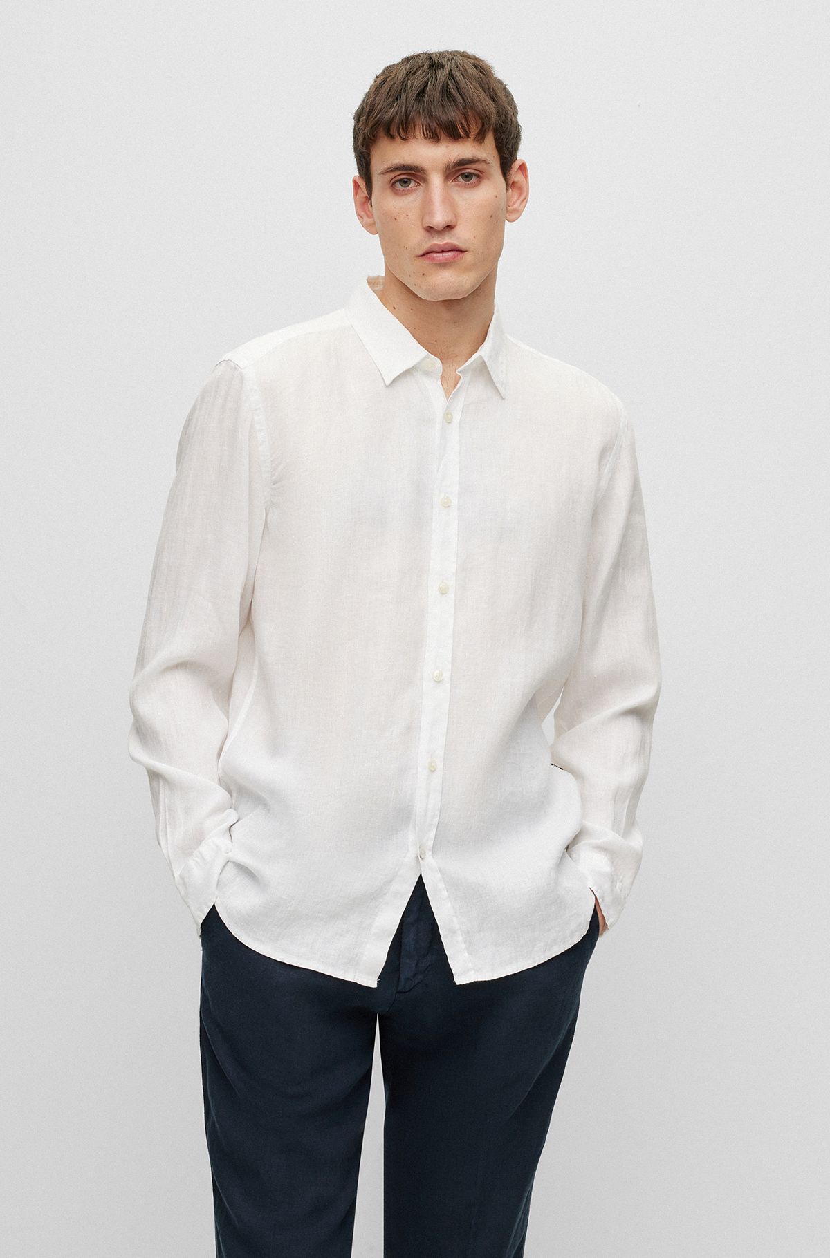 Regular-fit overhemd met lange mouwen in chambray van linnen, Wit