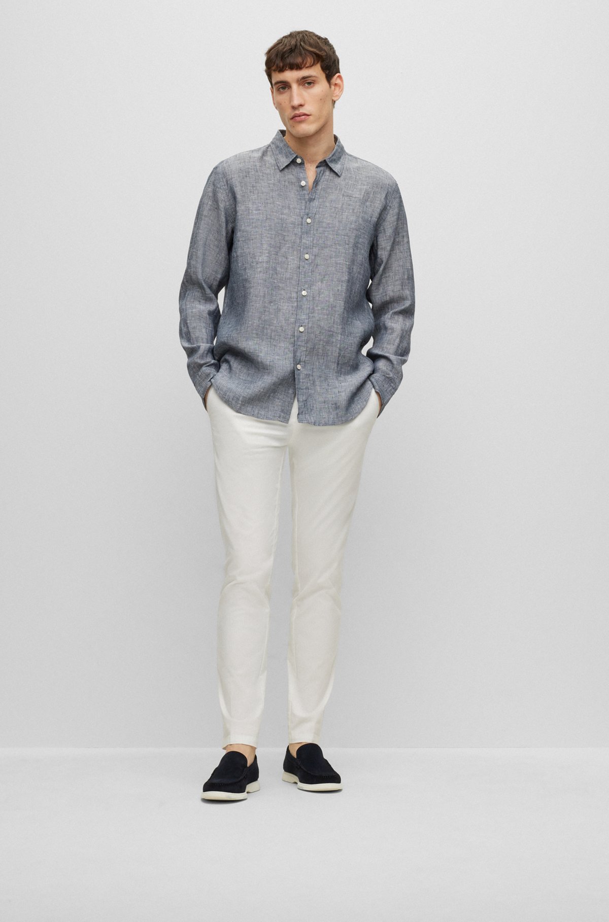 Regular-fit long-sleeved shirt in linen chambray, Dark Blue