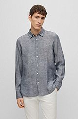 Regular-fit overhemd met lange mouwen in chambray van linnen, Donkerblauw