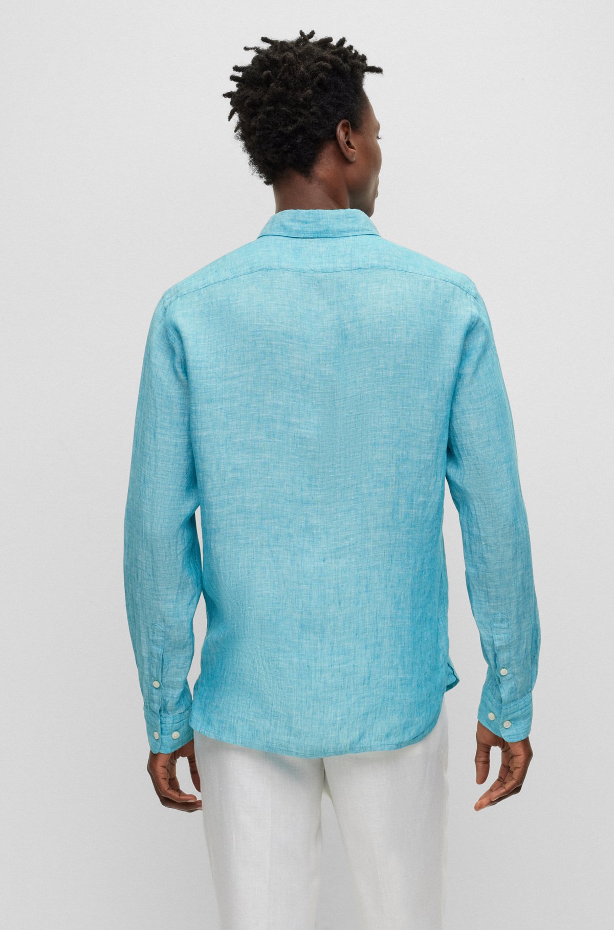 Regular-fit overhemd met lange mouwen in chambray van linnen, Lichtblauw