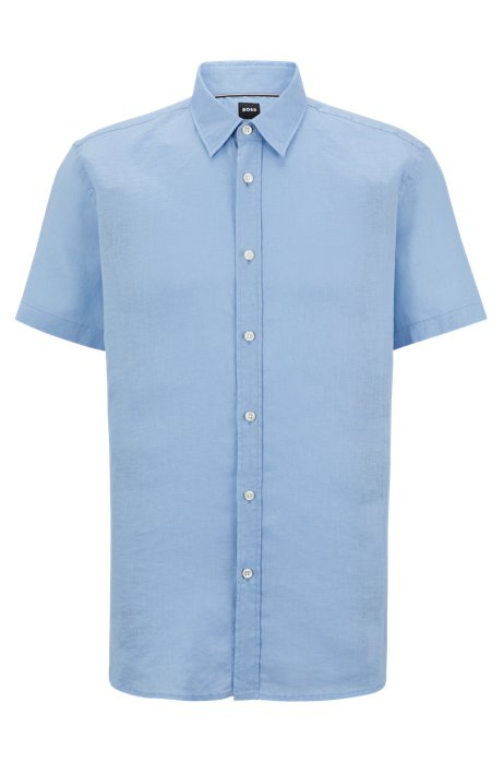 Shop Hugo Boss Slim-fit Short-sleeved Shirt In Stretch-linen Chambray In Light Blue