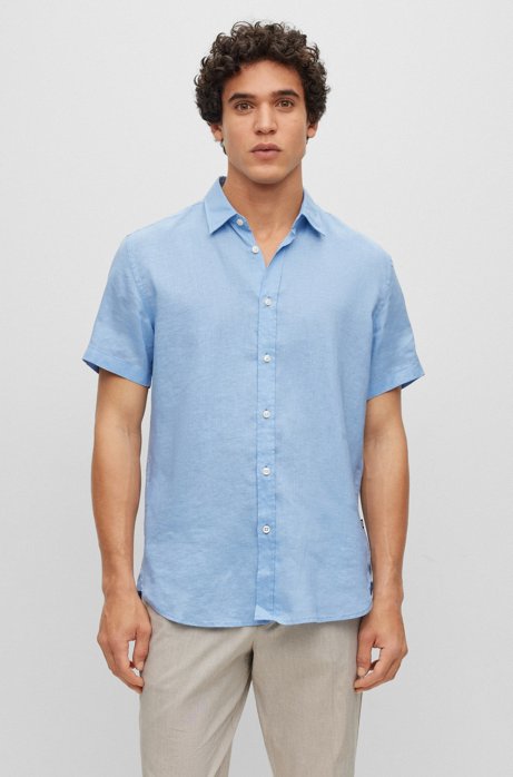 Shop Hugo Boss Slim-fit Short-sleeved Shirt In Stretch-linen Chambray In Light Blue