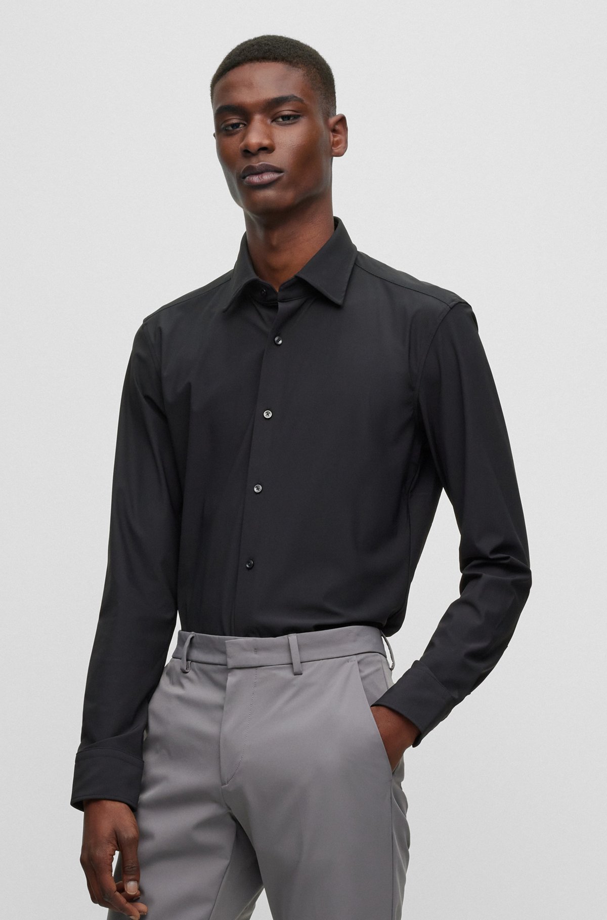 Slim-fit shirt in performance-stretch jersey, Black