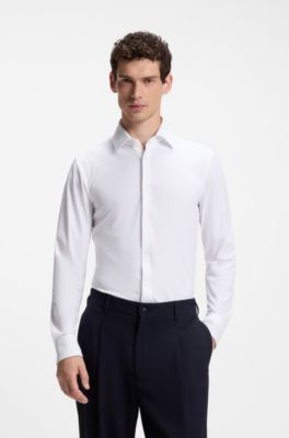 Slim-fit shirt in micro-dobby performance-stretch jersey, White