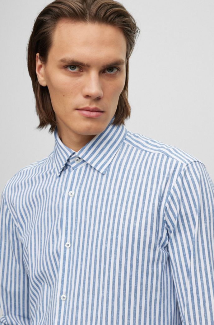 blue shirt with stripes