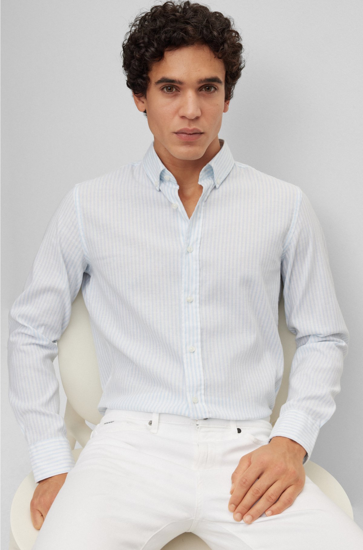 BOSS - Casual-fit shirt in striped cotton, linen and stretch