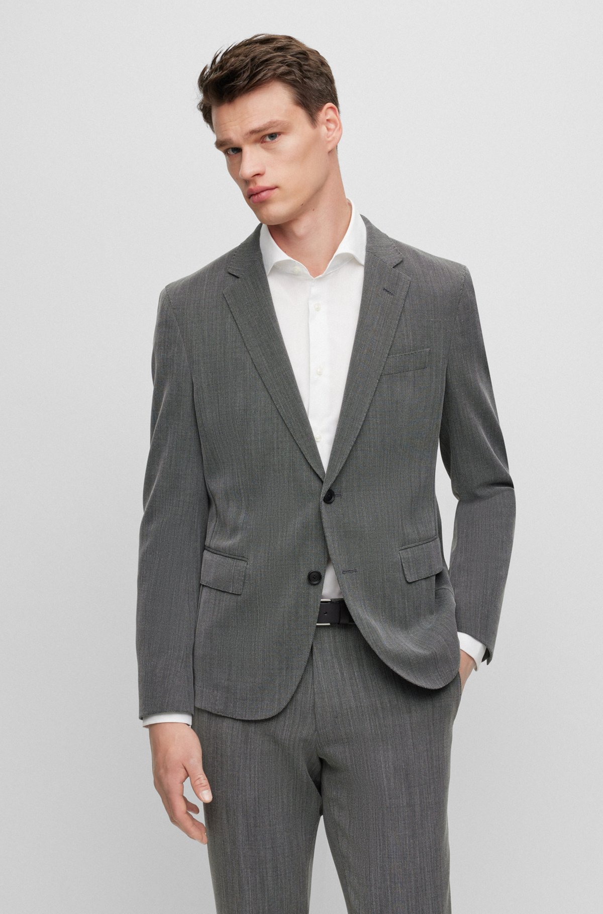 Fein gemusterter Slim-Fit Anzug aus funktionalem Stretch-Gewebe, Silber