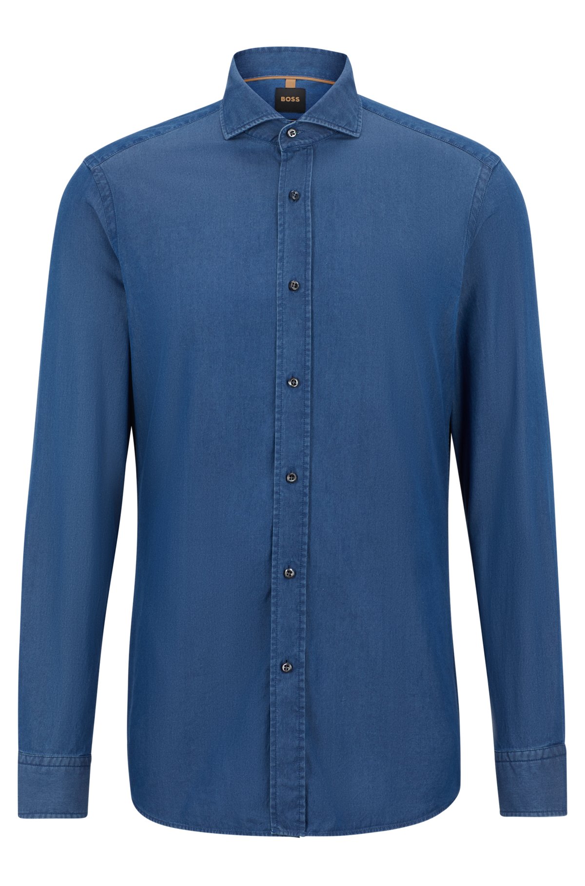 Slim-fit shirt in pure-cotton denim, Dark Blue