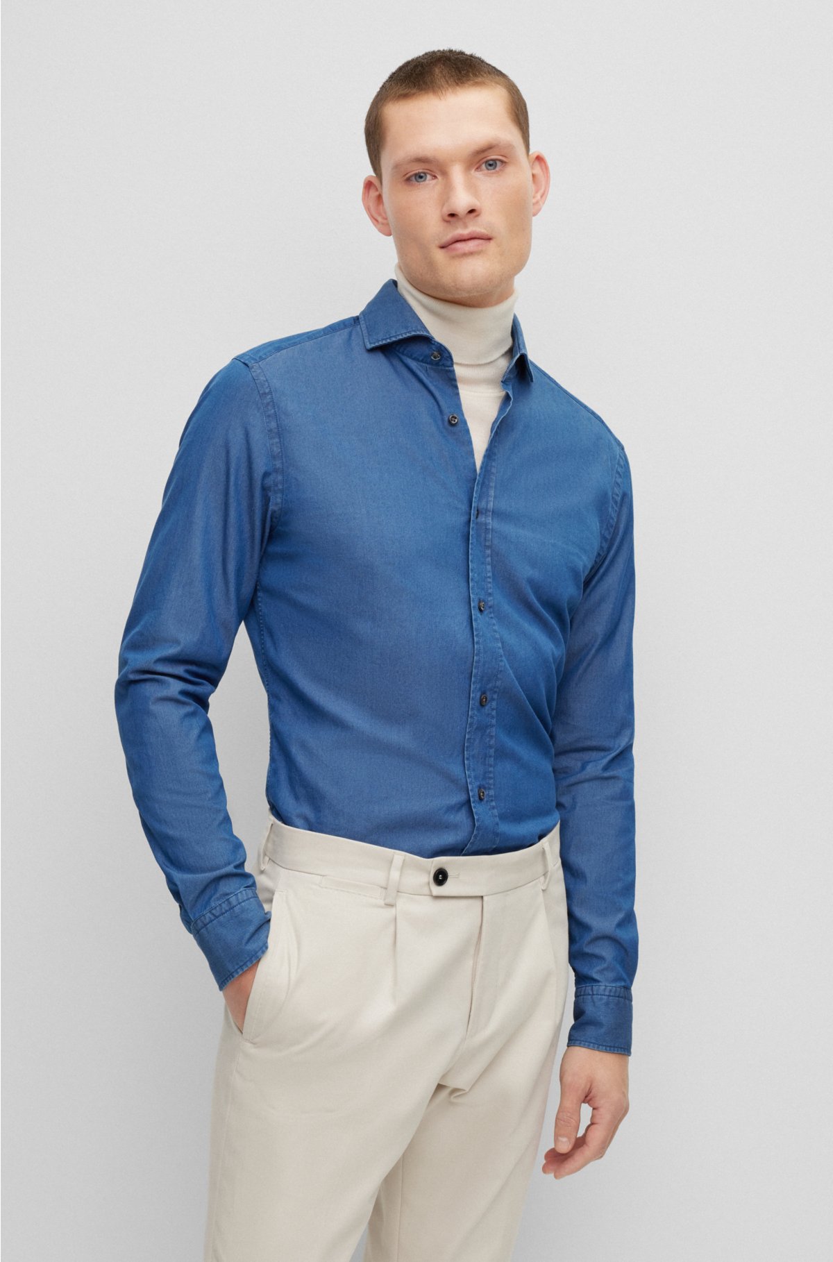 BOSS - Slim-fit shirt in pure-cotton denim