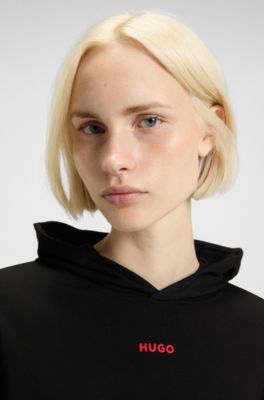Relaxed-fit hoodie in stretch jersey with logo print, Black