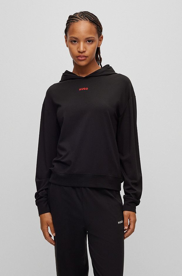 Relaxed-fit hoodie with contrast logo and ribbed cuffs, Black
