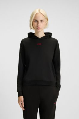 Relaxed-fit hoodie in stretch jersey with logo print, Black