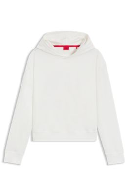 Relaxed-fit hoodie in stretch jersey with logo print, Natural