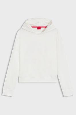 Relaxed-fit hoodie in stretch jersey with logo print, Natural