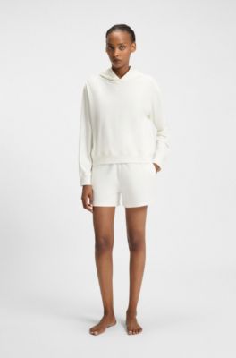 Relaxed-fit hoodie in stretch jersey with logo print, Natural