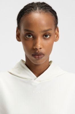 Relaxed-fit hoodie in stretch jersey with logo print, Natural