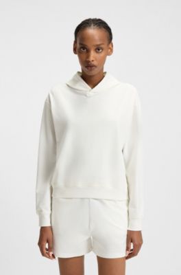 Relaxed-fit hoodie in stretch jersey with logo print, Natural