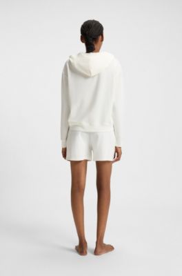 Relaxed-fit hoodie in stretch jersey with logo print, Natural