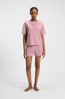 Shorts med logoprint i stof med str&aelig;k, Lys pink