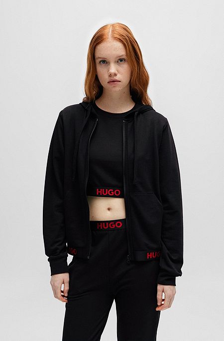 Regular-fit hoodie met rits en logotailleband, Zwart