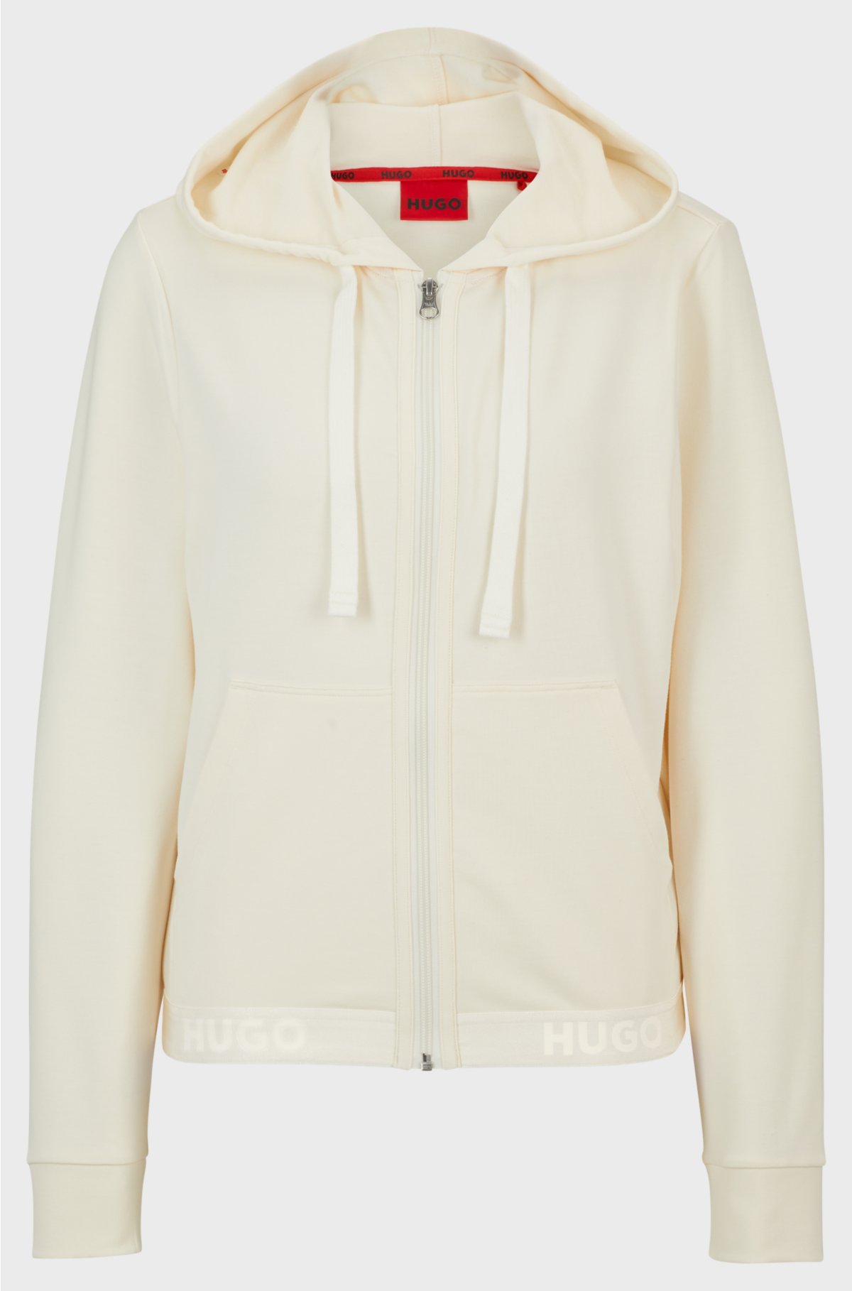 Regular-fit zip-up hoodie with logo waistband, Natural
