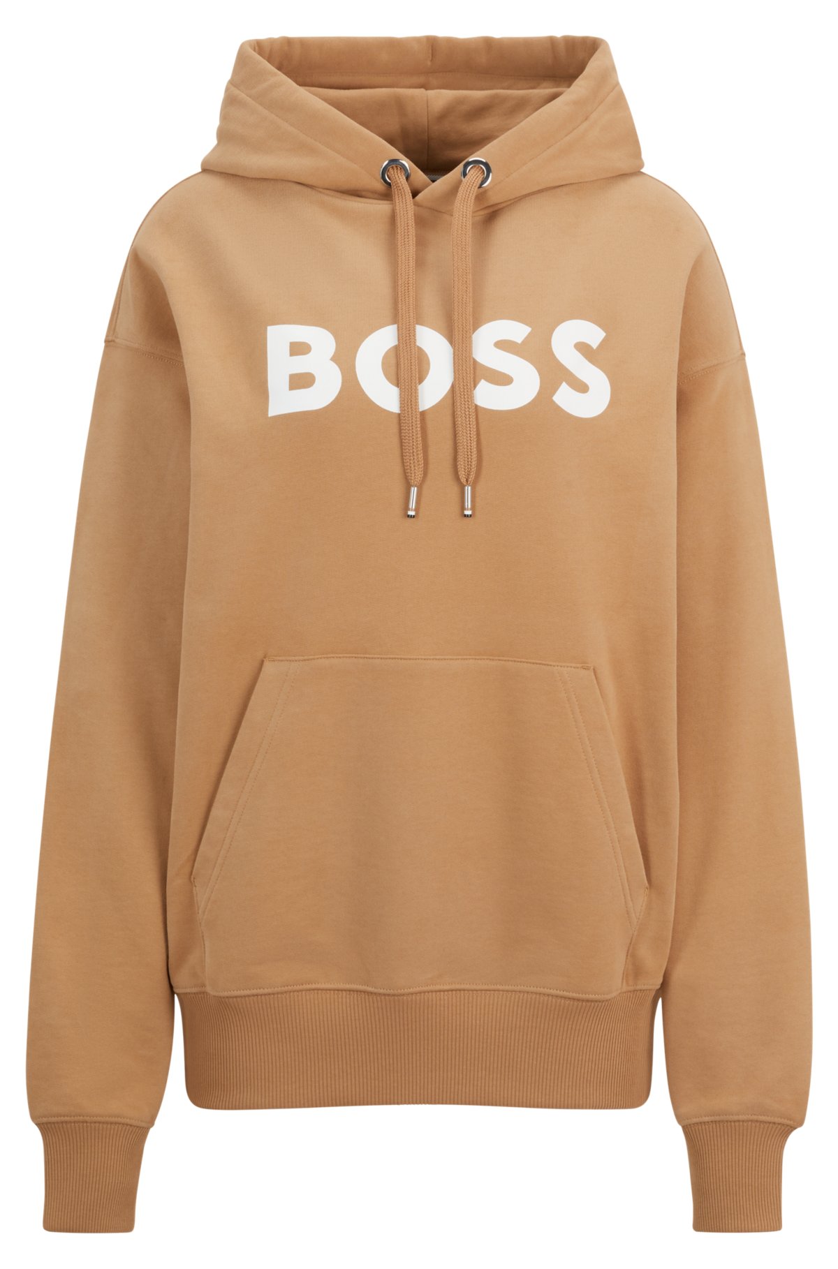 Cotton-blend hoodie with contrast logo, Light Brown