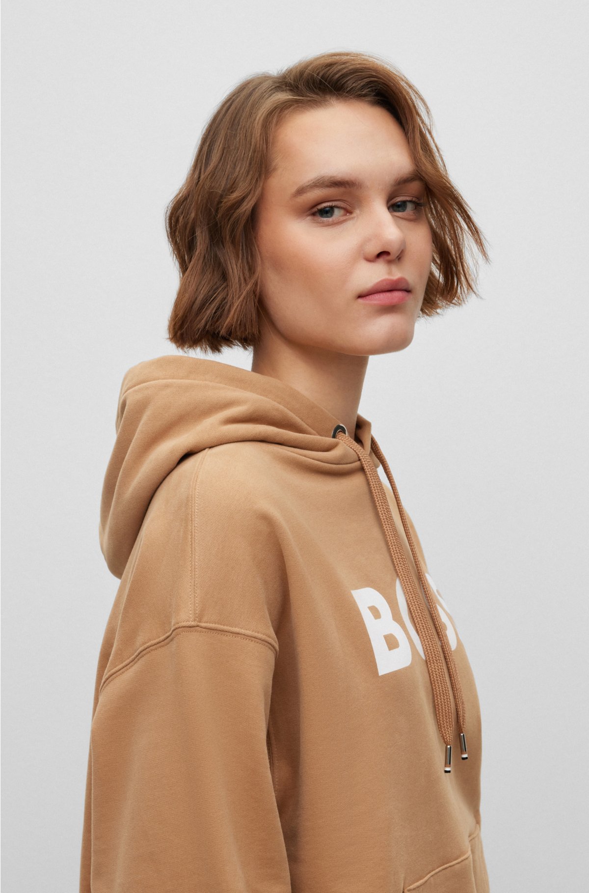 Cotton-blend hoodie with contrast logo, Light Brown