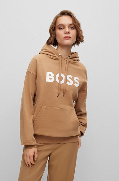 Cotton-blend hoodie with contrast logo, Beige