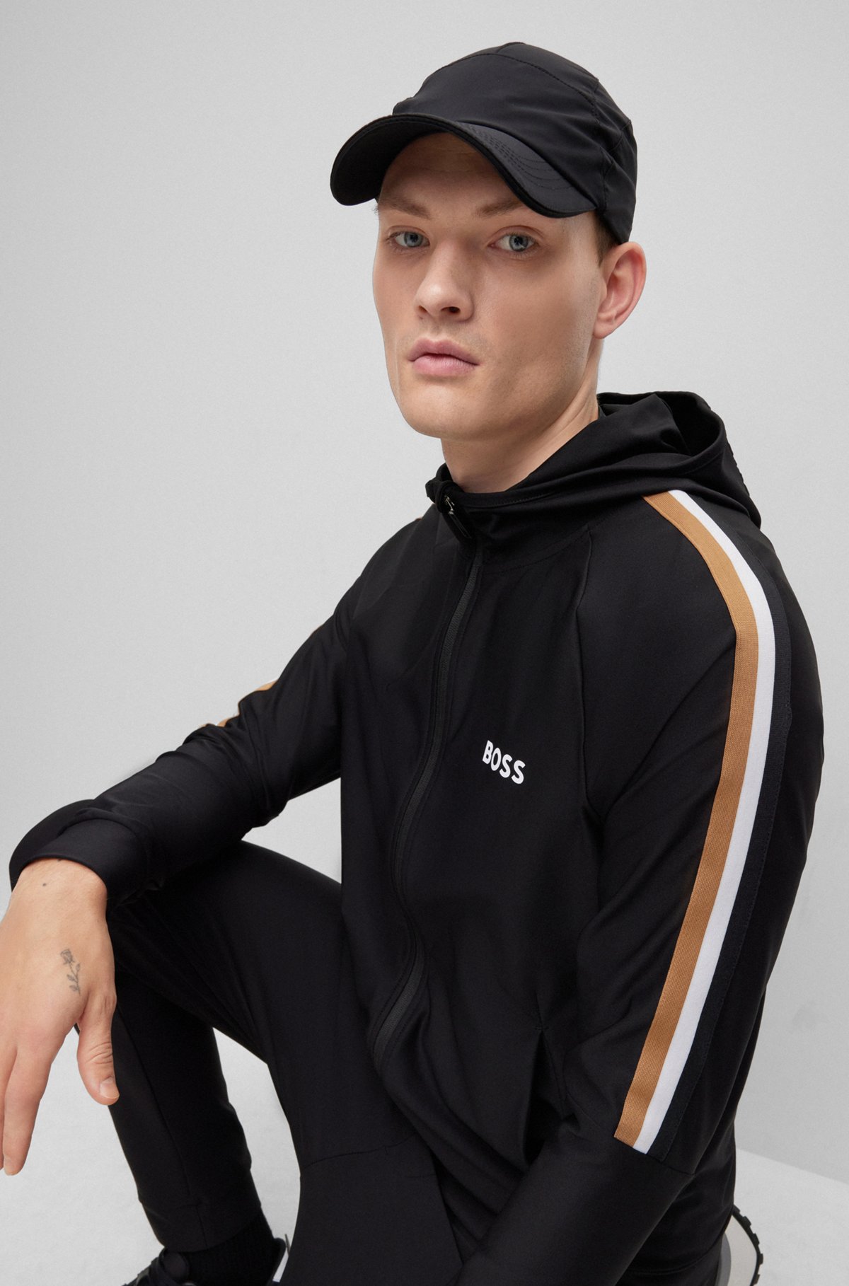 BOSS x Matteo Berrettini Zip-up hoodie in active-stretch jersey with logo, Black