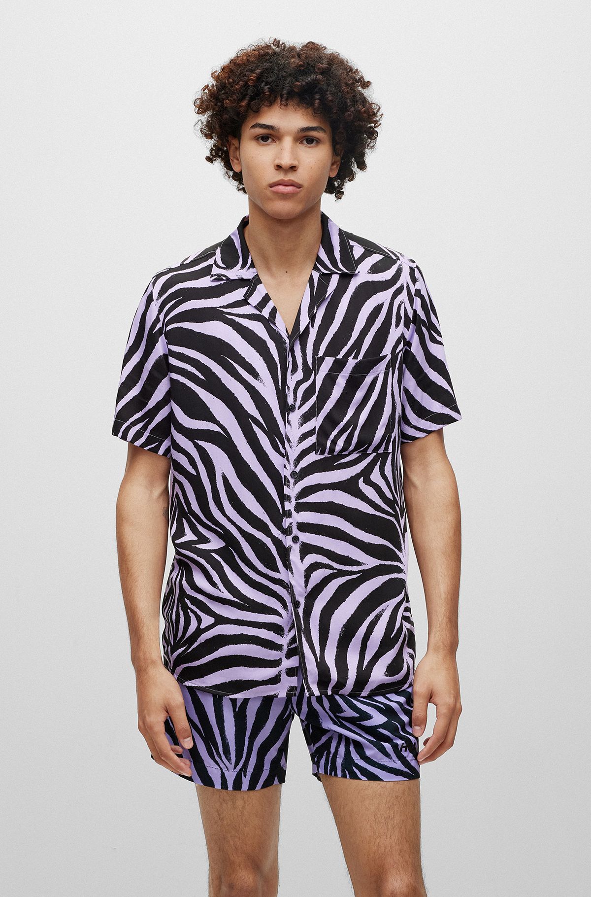 Relaxed-fit shirt in printed satin, Light Purple